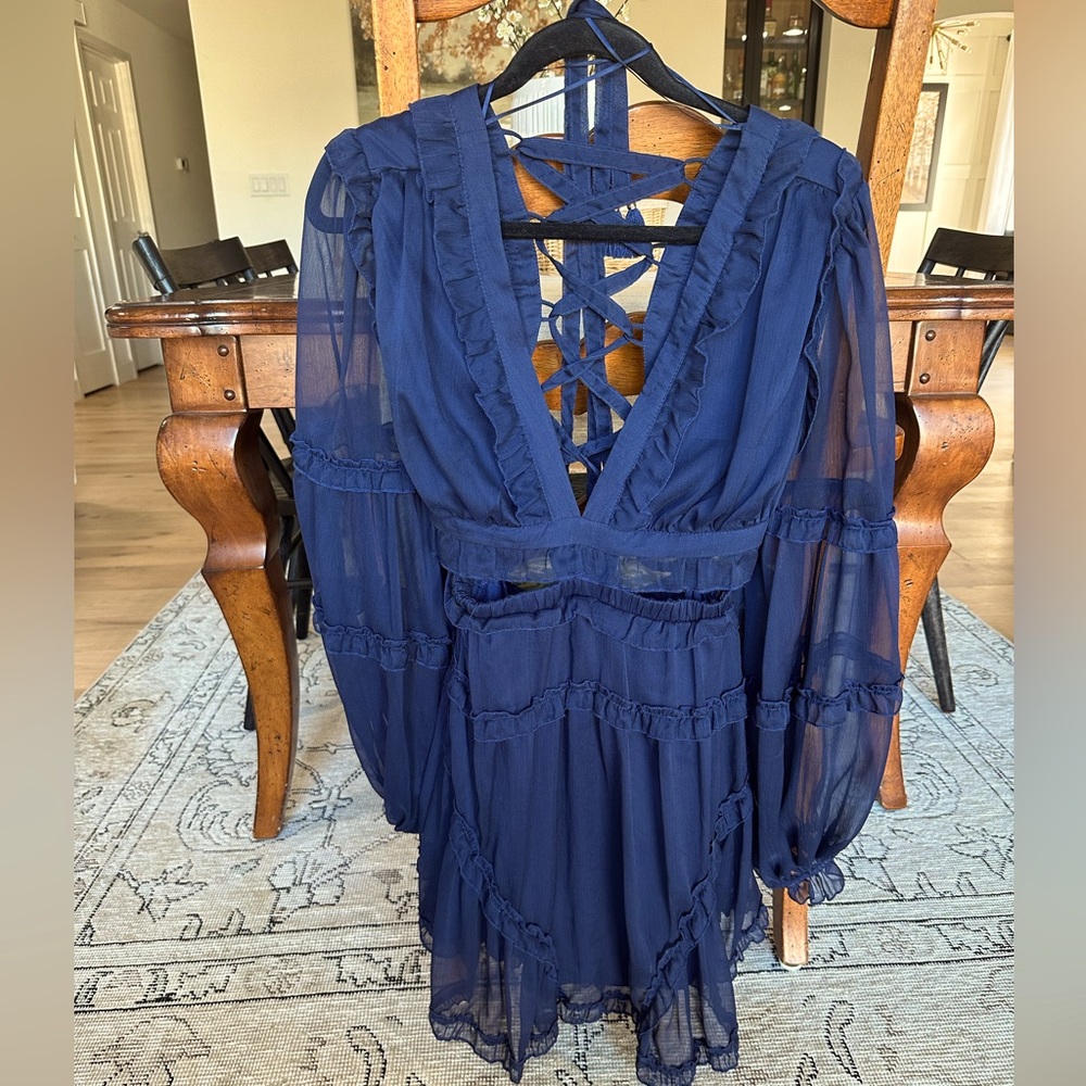 navy flowy cutout dress with tie back